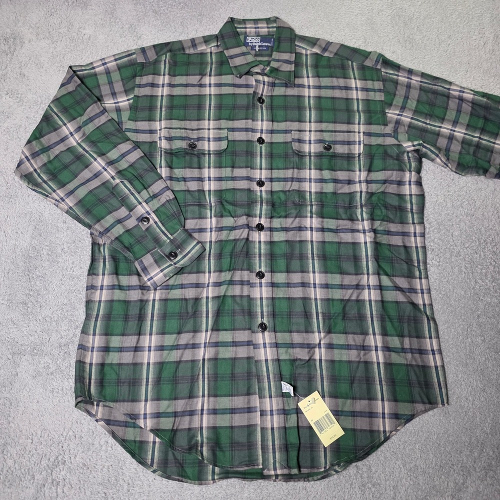 Polo Ralph Lauren Mens M Button Down Shirt Green Grey Plaid Cotton Long Slv VTG